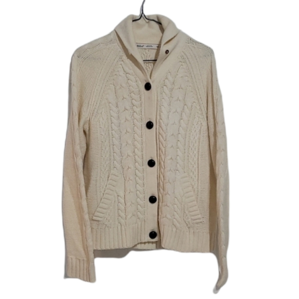 Woolrich Lambswool Coastal Cream Cable Knit Fisherman Button Up Sweater …